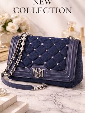 Badgley Mischka Navy Quilted Shoulder Bag with Silver Chain